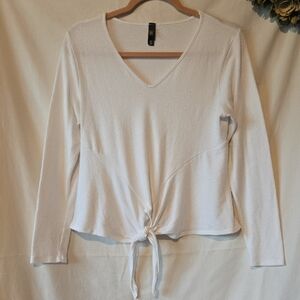 Francesca's Alya XS White Terry Cloth Long Sleeve Tie Front Blouse